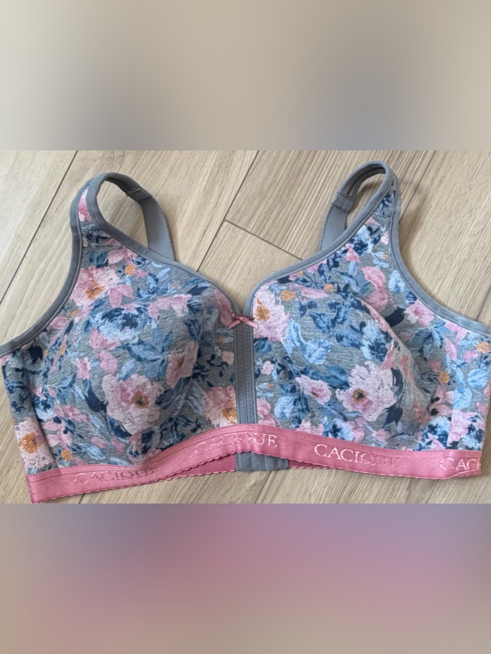 Cacique Bra 42DDD Unlined Wireless Scoop Grey Floral Cotton Blend Lightly Lined